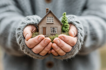 Young adult holding miniature house model in hands with grey sweater in background