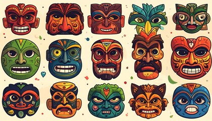 Vibrant Collection of Tribal Masks in Various Colors and Designs.