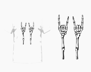 a white t shirt with a skeleton hand design on the front
