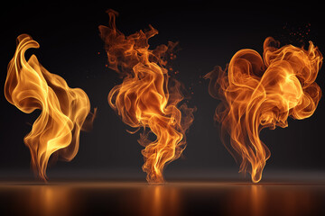 Dynamic swirling flames on dark background with reflective surface
