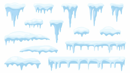 a collection of blue icicles and snow drifts on white background