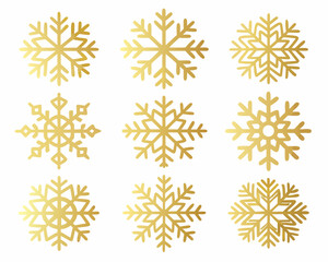 nine golden snowflakes arranged in three rows on white background