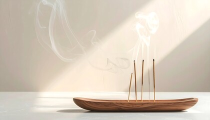 Minimalist incense sticks burning with soft smoke, creating a serene and tranquil atmosphere