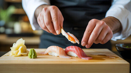 Obraz premium Professional Chef Preparing Fresh Sushi with Artistic Presentation 