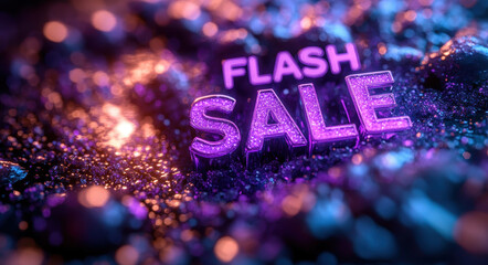 Flash sale promotion with glowing purple text on glittering bokeh background, vibrant neon lighting and festive atmosphere