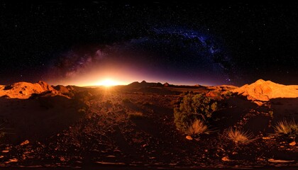 Night sky with stars and Milky Way over a desert landscape.