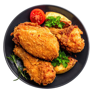 Appetizing austrian backhendl, crispy fried chicken served with lemon, clean culinary shot isolated on white background