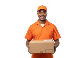 Delivery man holding a package isolated on transparent background is smiling