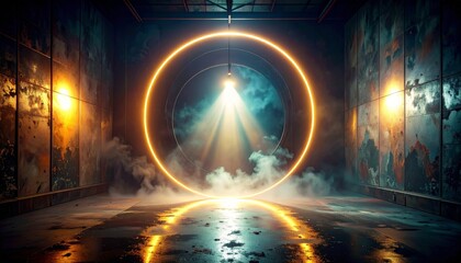 Mysterious portal in a dimly lit industrial room with glowing lights and fog.