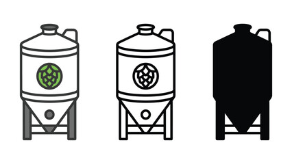 Three industrial fermentation tanks with hop icon, line art, and silhouette styles.