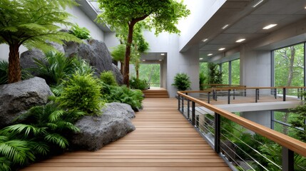 Modern building featuring an indoor garden and biophilic design