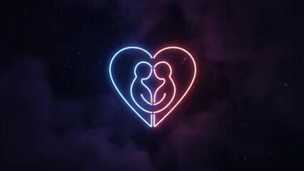 Glowing neon heart embracing couple digital art symbolizing enduring love and romantic connection