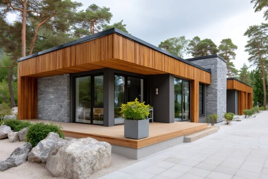 Modern minimalist house architecture with wood and stone cladding