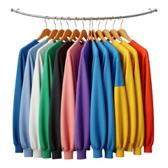 Obraz premium Multicolored sweatshirts on hangers isolated on transparent background