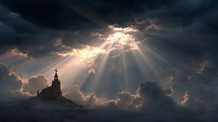 Fototapeta premium A stunning shot capturing sunbeams piercing through dark, dramatic clouds and illuminating a church silhouette. The scene exudes spirituality and tranquility.