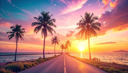 Tropical beach road at sunset with palm trees and vibrant sky.