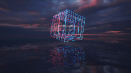 Neon wireframe cube floating in a colorful sky on transparent background