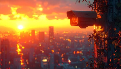 Surveillance camera overlooking cityscape at sunset with vibrant orange sky.