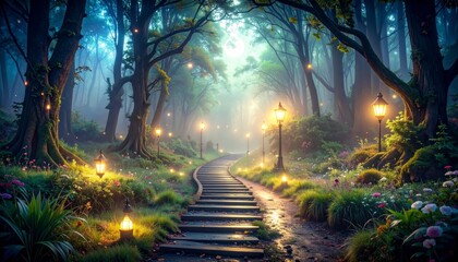 Mystical forest pathway with glowing lights and lush greenery.