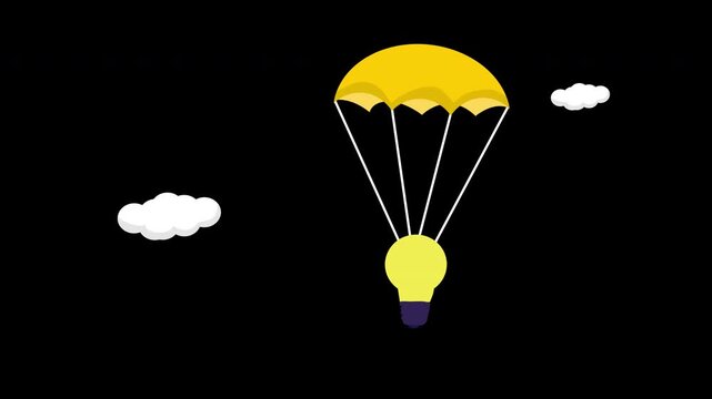 Lightbulb parachuting from sky with clouds new idea arrival animation