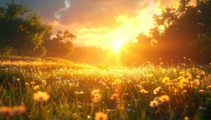 Serene meadow filled with dandelions at sunset with vibrant yellow flowers.