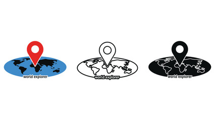 Global navigation pins mark locations on a stylized world map, illustrating travel and exploration
