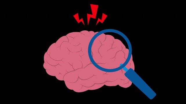 Human brain under magnifying glass with pain lightning bolts medical neurology animation