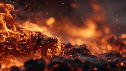 Molten Lava Flow with Fiery Embers and Glowing Heat in a Volcanic Landscape