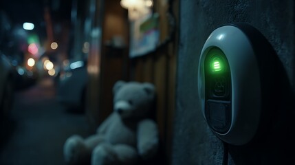 Charging station at night with illuminated indicator and a teddy bear in the background on a quiet street