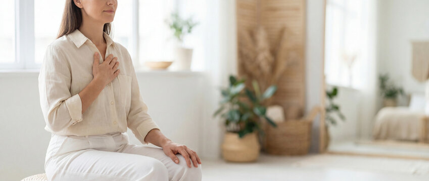 A serene individual, embodying inner peace and self-awareness through meditation. In a minimalist, sunlit space with soft hues of natural elements, this scene evokes tranquility and mindful living.
