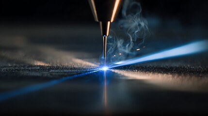 Close-Up of Laser Cutting Process with Smoke and Light Reflections in Industrial Environment