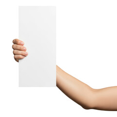 A hand holding a blank white sign isolated on transparent background