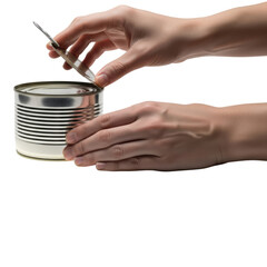 Person opening a tin can with a screwdriver on isolated transparent background