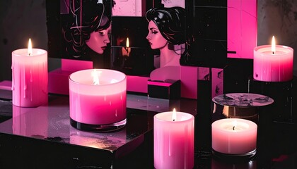 Pink candles and mirror reflection in a dimly lit room.