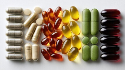Vibrant Assortment of Natural Nutritional Supplements with Ergonomic Packaging and Clean Aesthetic