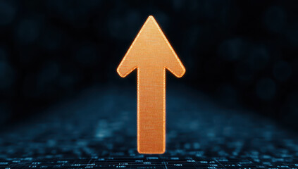 Golden arrow pointing upward on digital circuit board background conveying progress and growth in technology and data visualization