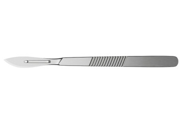Metal surgical scalpel tool with sharp blade and textured handle isolated on a transparent background