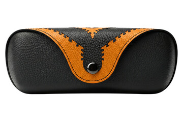Hard shell black leather eyeglass case with orange stitching detail isolated on a transparent background