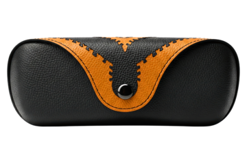 Hard shell black leather eyeglass case with orange stitching detail isolated on a transparent background