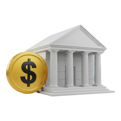 3d illustration of bank building with gold dollar coin on white isolated on transparent background