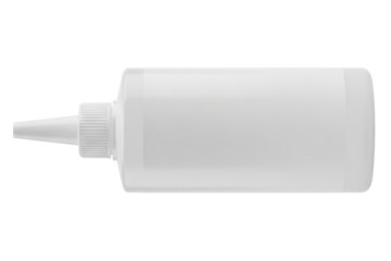 White plastic squeeze bottle with applicator tip for liquid glue isolated on a transparent background