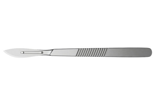 Metal surgical scalpel tool with sharp blade and textured handle isolated on a transparent background