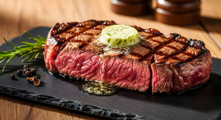 Grilled steak with herb butter on a black slate plate