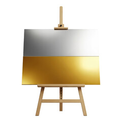 Golden and silver metallic colors on a blank canvas on an easel isolated on transparent background