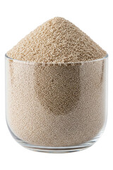 Clear glass cup filled with heap of raw amaranth seeds isolated on a transparent background