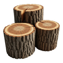 Three wooden tree stumps isolated on transparent background for decoration or crafting