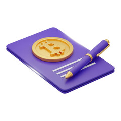 3d illustration of a purple notebook with a gold bitcoin and pen on top isolated on transparent background