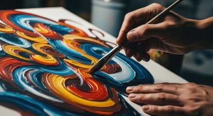 Close-up capturing an artist's hand as they paint an abstract design with vibrant colors on a canvas