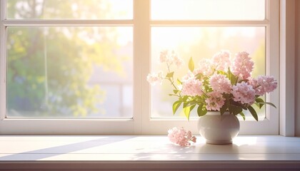 Soft pink flowers in a vase on a windowsill with morning sunlight.