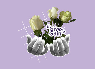 Give to receive. A trendy halftone collage. Hands offering roses. The spirit of giving and receiving.